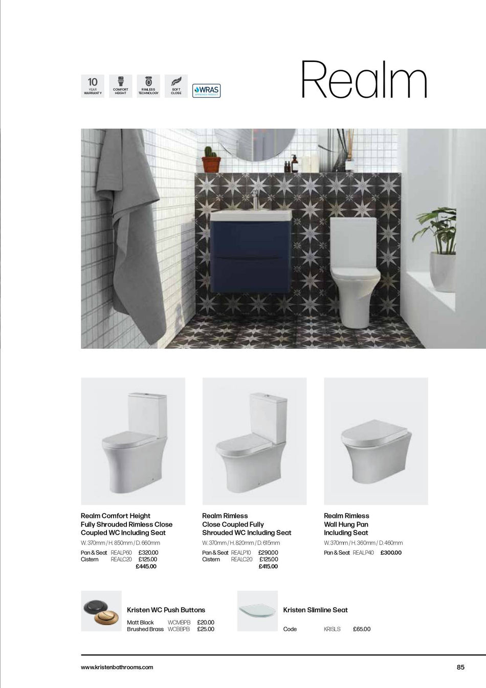 Realm Comfort Height Fully Shrouded Rimless Close Coupled WC Including Seat