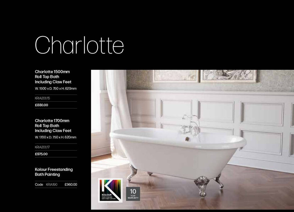 Charlotte 1500mm Roll Top Bath Including Claw Feet