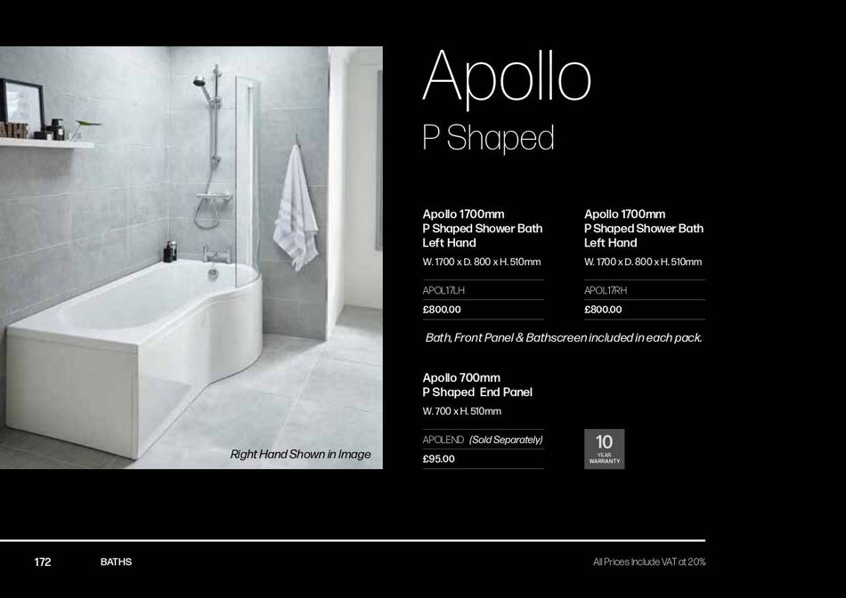 Apollo 1700mm P Shaped Shower Bath