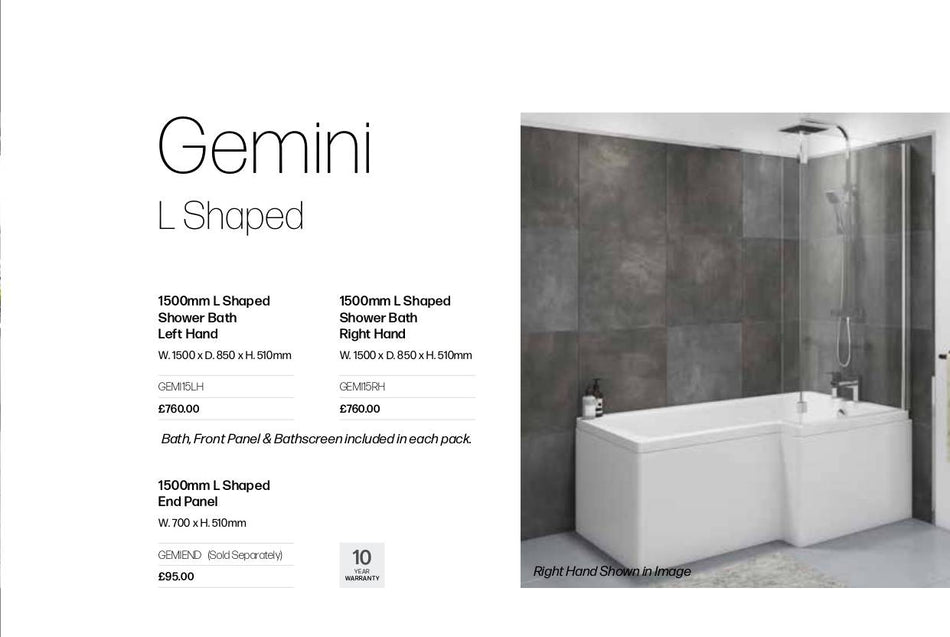 1500mm L Shaped Shower Bath