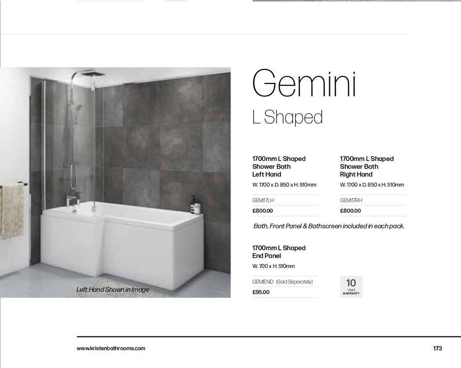 1700mm L Shaped Shower Bath Left Hand